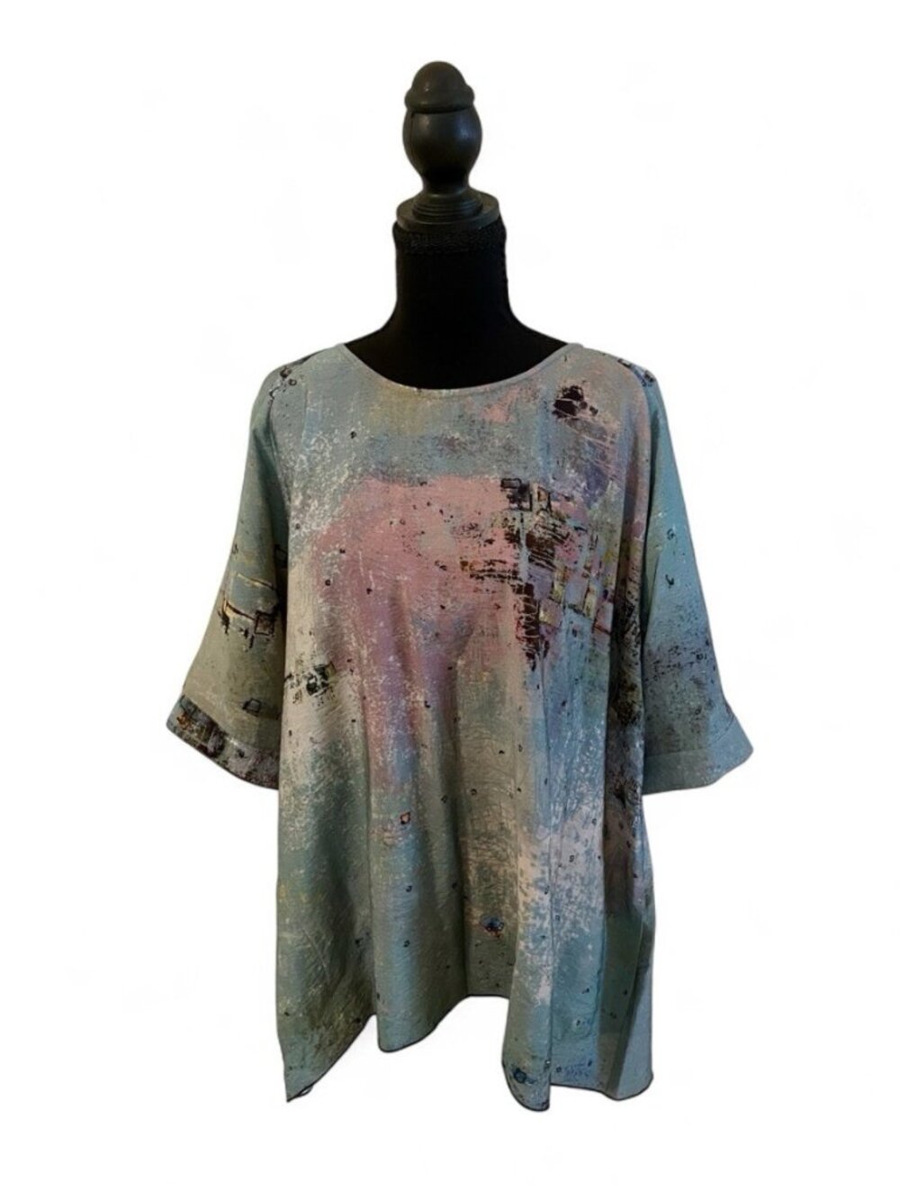 3 Potato Lagenlook Artsy Blouse Flowy Art Teacher Top High Low Button Sleeve, L